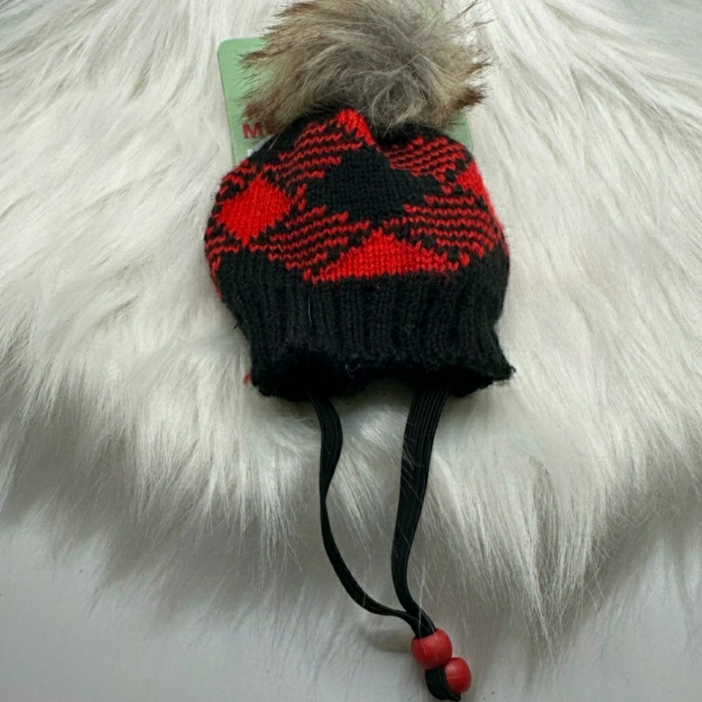 Plaid Pom-Pom Dog Winter Hat - Red and Black Sz XS/S